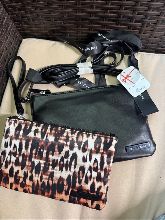 Tahari Handbags - Tahari Black Crossbody Bag with Leopard Print Pouch